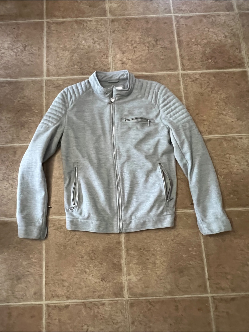 Zara Light Gray Quilted Shoulder Zip-Up Sweater Jacket